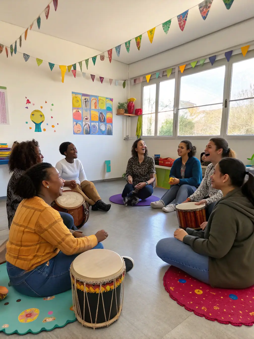 An image showing participants engaged in a music therapy session, playing instruments and enjoying the therapeutic benefits of music.