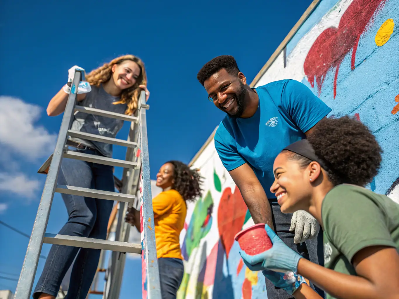 A group of volunteers working together on a mural in a public space, adding vibrant colors and designs to a previously plain wall. The community is engaged and supportive, with people of all ages participating.