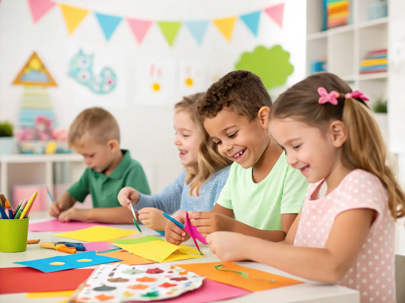 A photograph of children participating in an art education program, creating sculptures from recycled materials, with smiles on their faces in a classroom setting.