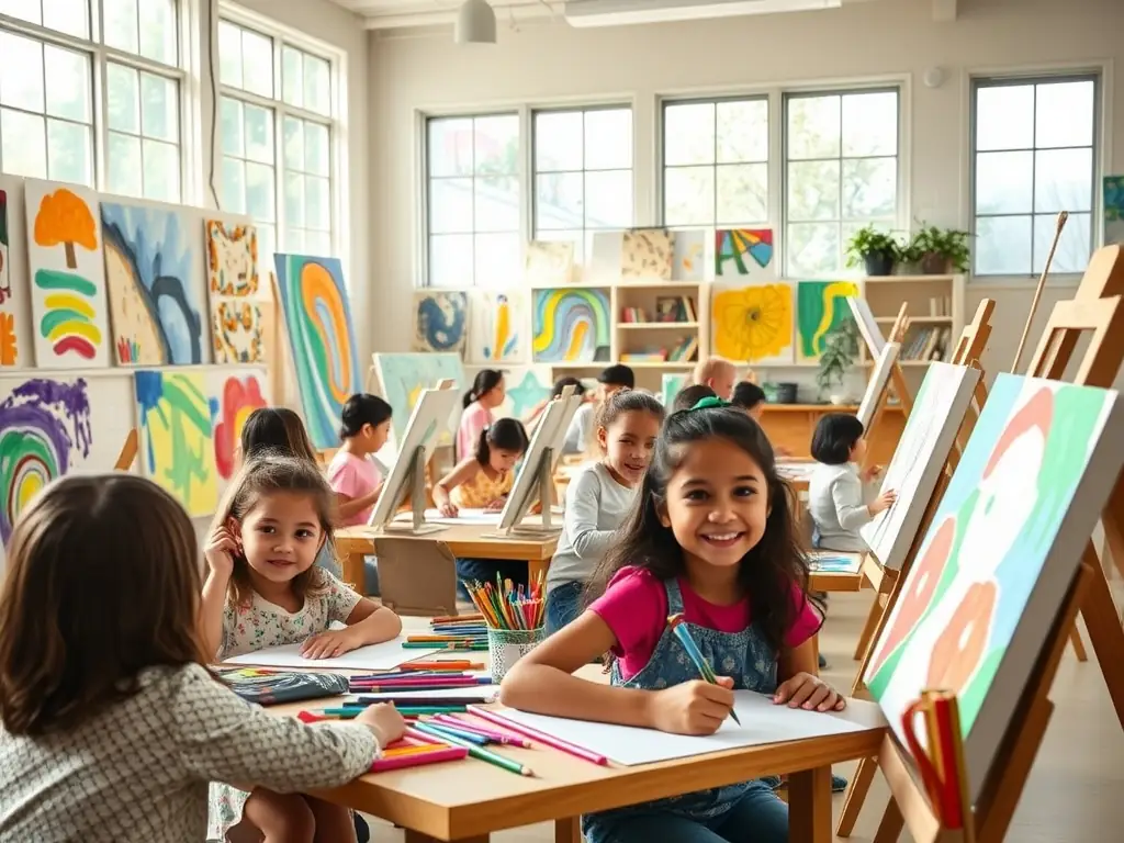 A classroom setting with easels and canvases, where an art instructor is demonstrating painting techniques to a group of students. The atmosphere is relaxed and encouraging, with colorful artworks displayed around the room.