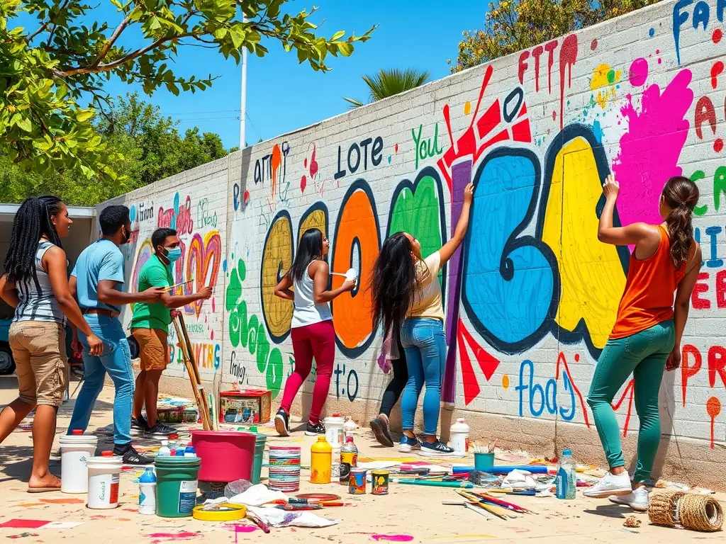 A photo of artists collaborating on a community mural project, painting a large-scale artwork on a public wall, with community members watching and participating.