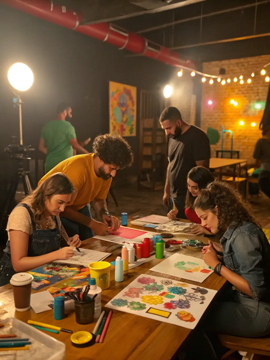 A dynamic shot of an art workshop in progress at PICT'ART EXPOS, showing participants actively engaged in painting and sculpting under the guidance of an instructor. The scene should be lively and inspiring.