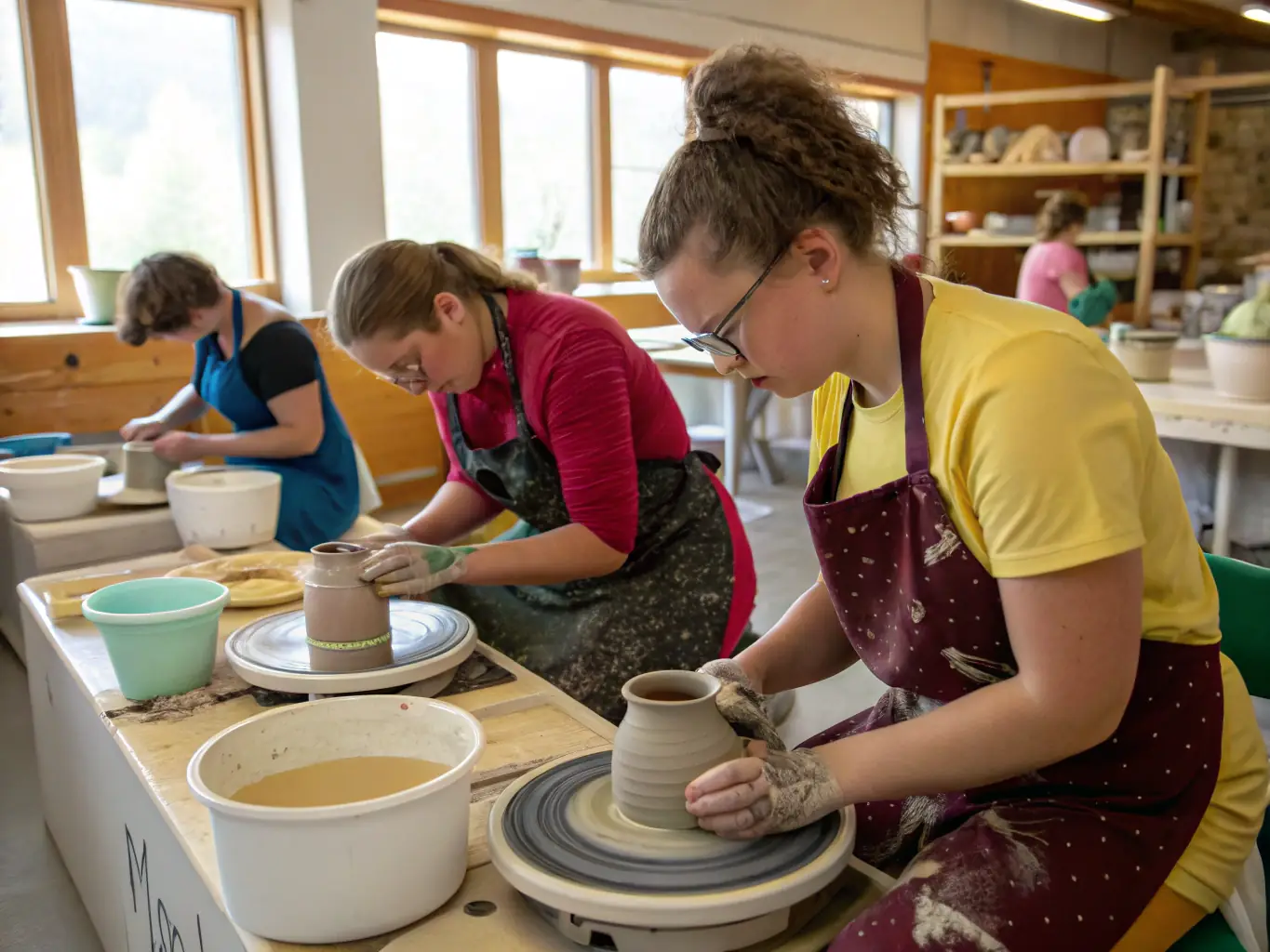 A group of people participating in a pottery workshop, hands covered in clay, focused on shaping their creations under the guidance of an instructor. The setting is a bright, airy studio filled with various tools and materials.